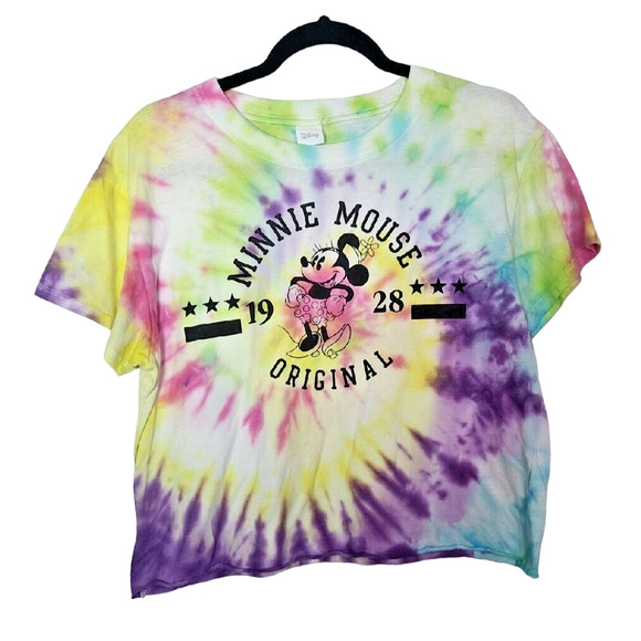 Disney Multicolor Tie Dye Minnie Mouse Print Short Sleeve Crop Top Womans Sze XL - Picture 1 of 5